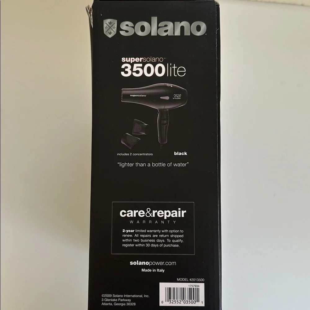 New Super Solano 3500 Lite Hair Dryer with Attachments. In Box.